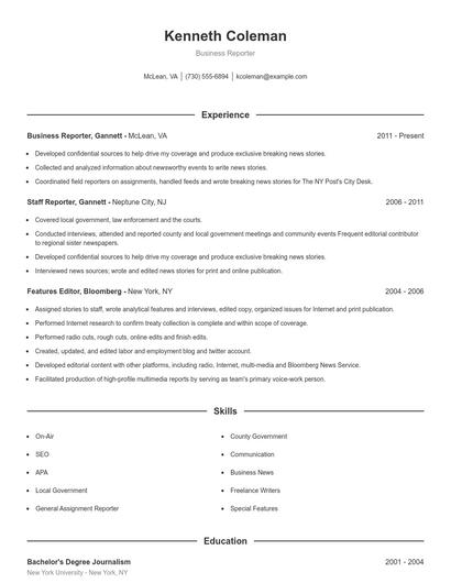 Business Reporter Resume