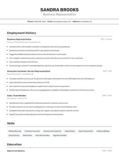 Business Representative Resume