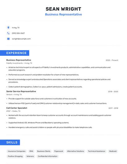Business Representative Resume