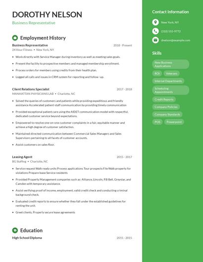 Business Representative Resume