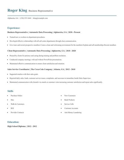 Business Representative Resume