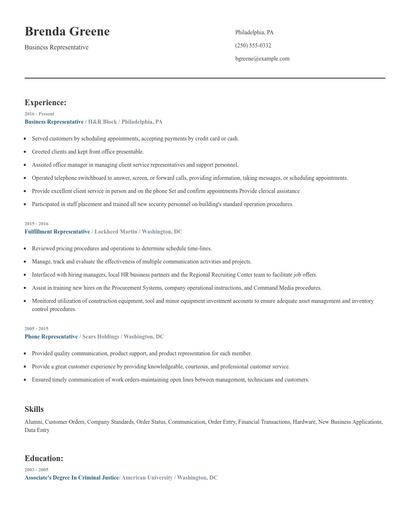 Business Representative Resume