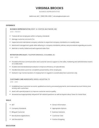 Business Representative Resume