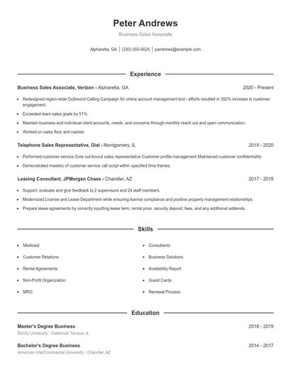 Business Sales Associate Resume