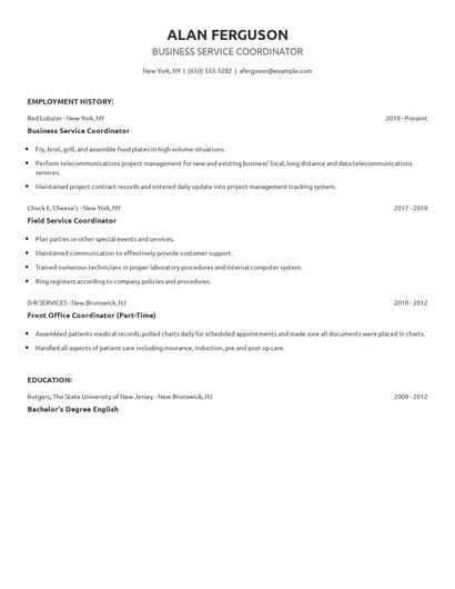 Business Service Coordinator Resume