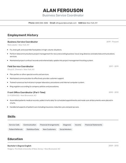 Business Service Coordinator Resume