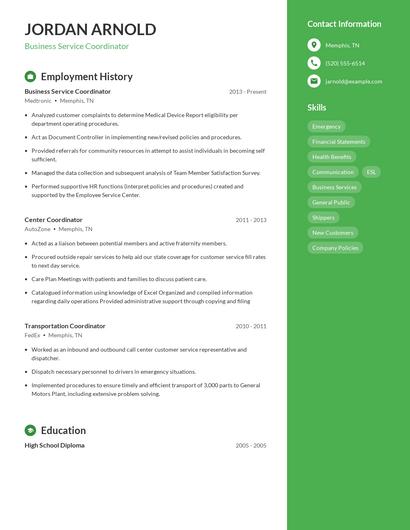 Business Service Coordinator Resume
