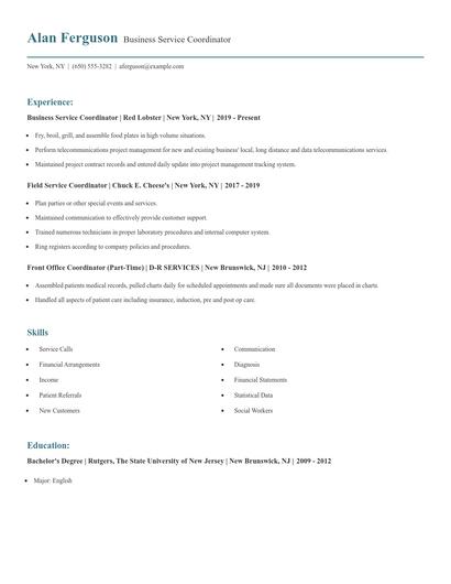 Business Service Coordinator Resume