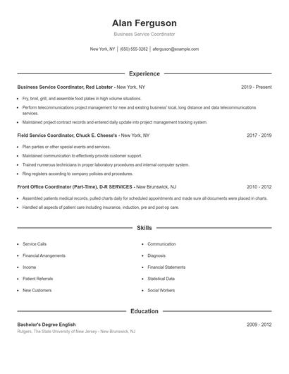 Business Service Coordinator Resume