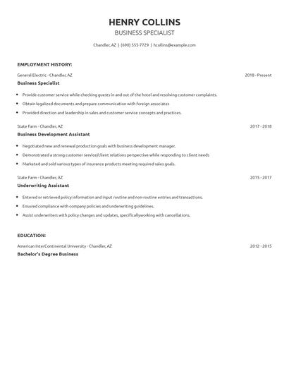 Business Specialist Resume