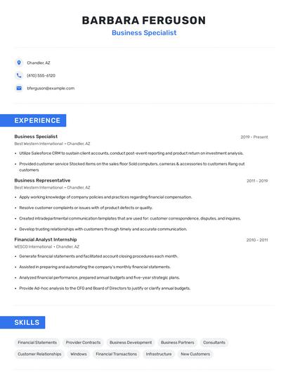 Business Specialist Resume