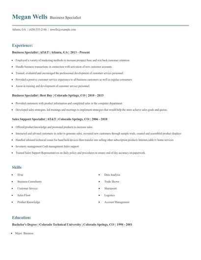 Business Specialist Resume