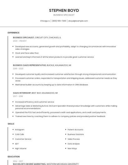 Business Specialist Resume