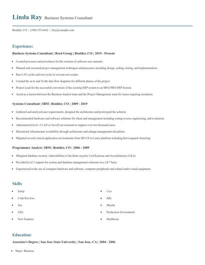 Business Systems Consultant Resume