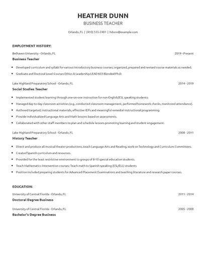 Business Teacher Resume