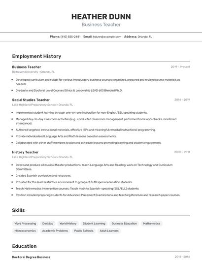 Business Teacher Resume