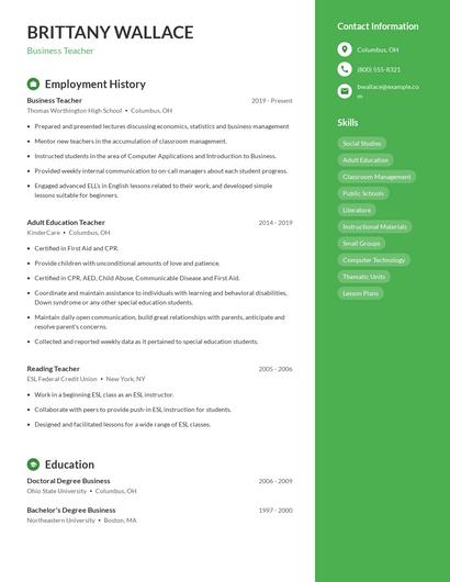 Business Teacher Resume