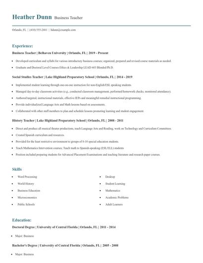Business Teacher Resume