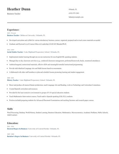 Business Teacher Resume