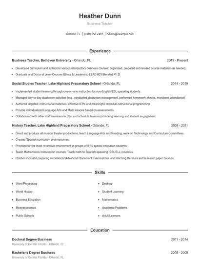 Business Teacher Resume