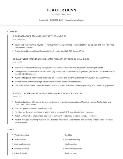 Business Teacher Resume