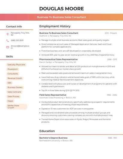 Business To Business Sales Consultant Resume