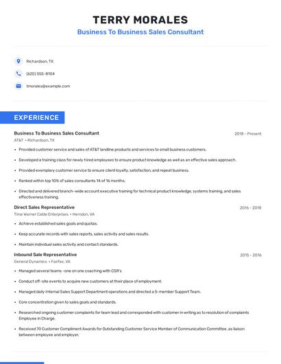Business To Business Sales Consultant Resume
