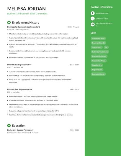 Business To Business Sales Consultant Resume