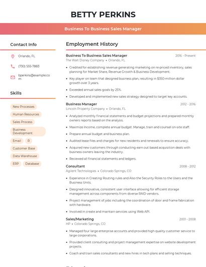 Business To Business Sales Manager Resume