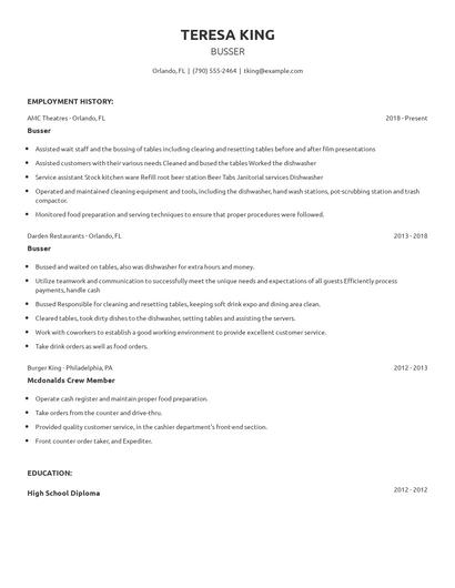Busser Resume