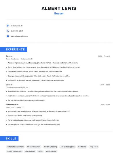 Busser Resume