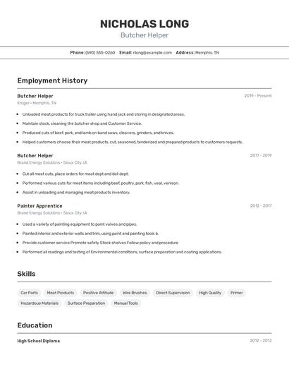 Butcher Helper Resume