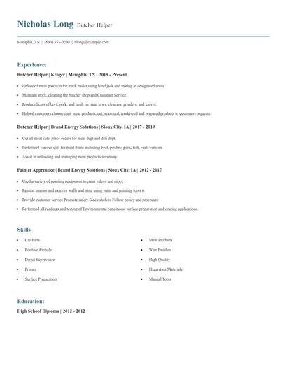 Butcher Helper Resume