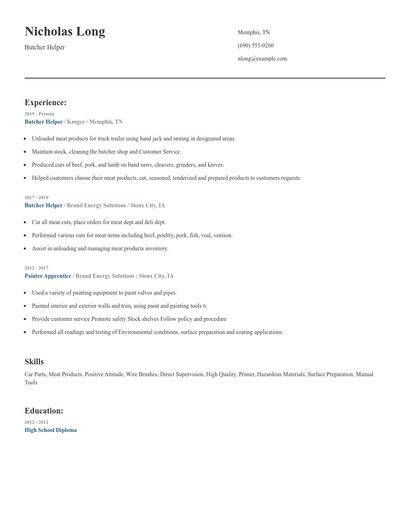 Butcher Helper Resume
