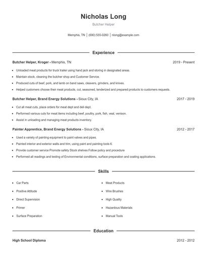 Butcher Helper Resume