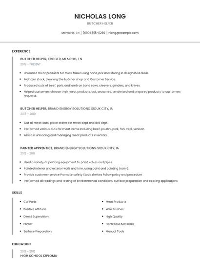 Butcher Helper Resume