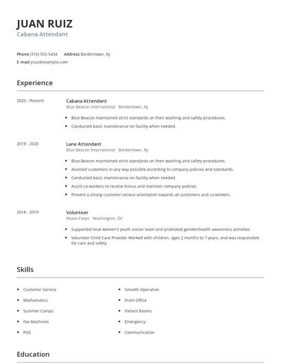 Cabana Attendant Resume