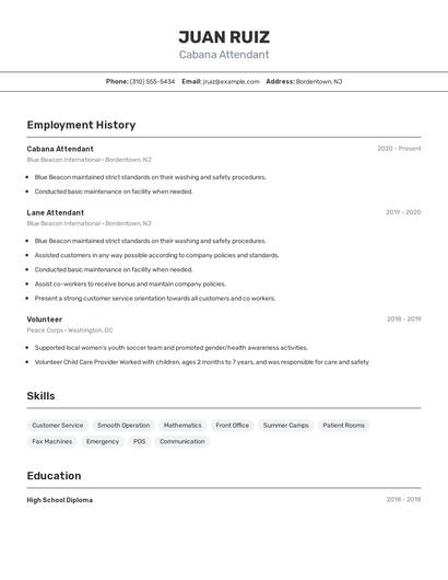 Cabana Attendant Resume