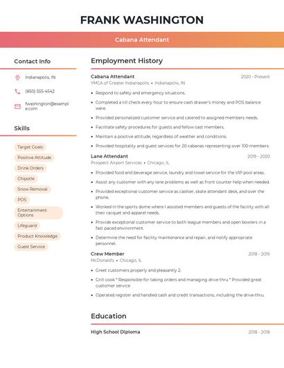 Cabana Attendant Resume