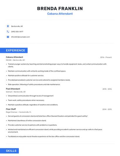 Cabana Attendant Resume