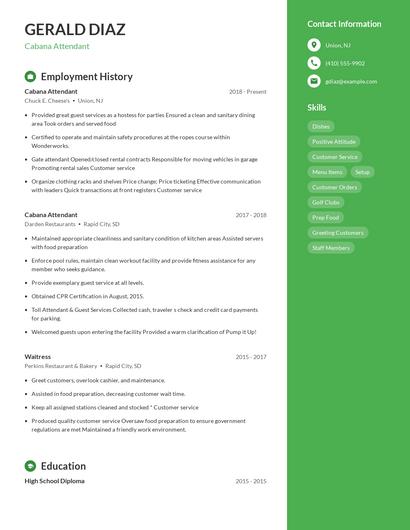 Cabana Attendant Resume