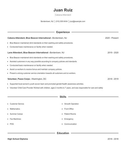 Cabana Attendant Resume