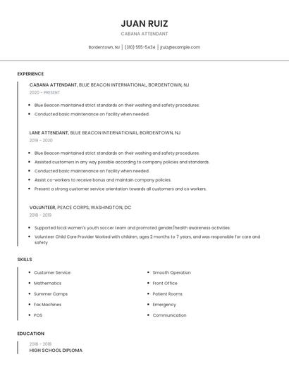 Cabana Attendant Resume