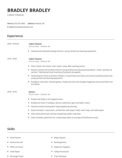 Cabin Cleaner Resume