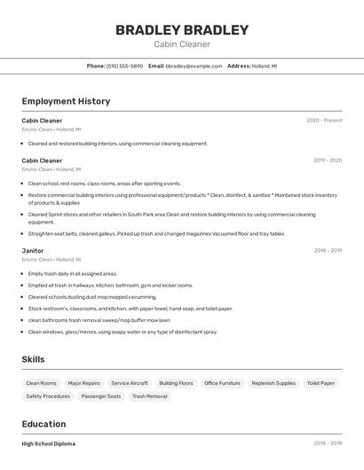 Cabin Cleaner Resume