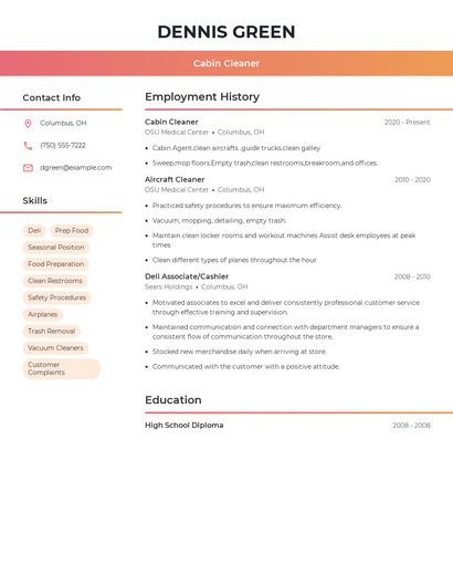 Cabin Cleaner Resume