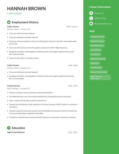 Cabin Cleaner Resume
