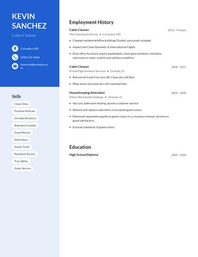 Cabin Cleaner Resume