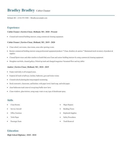 Cabin Cleaner Resume