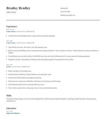 Cabin Cleaner Resume